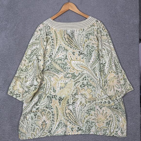 Cambridge Dry Goods Womens Tunic Top Plus Sz 3XL‎ Green Paisley Linen Blend - Picture 9 of 13